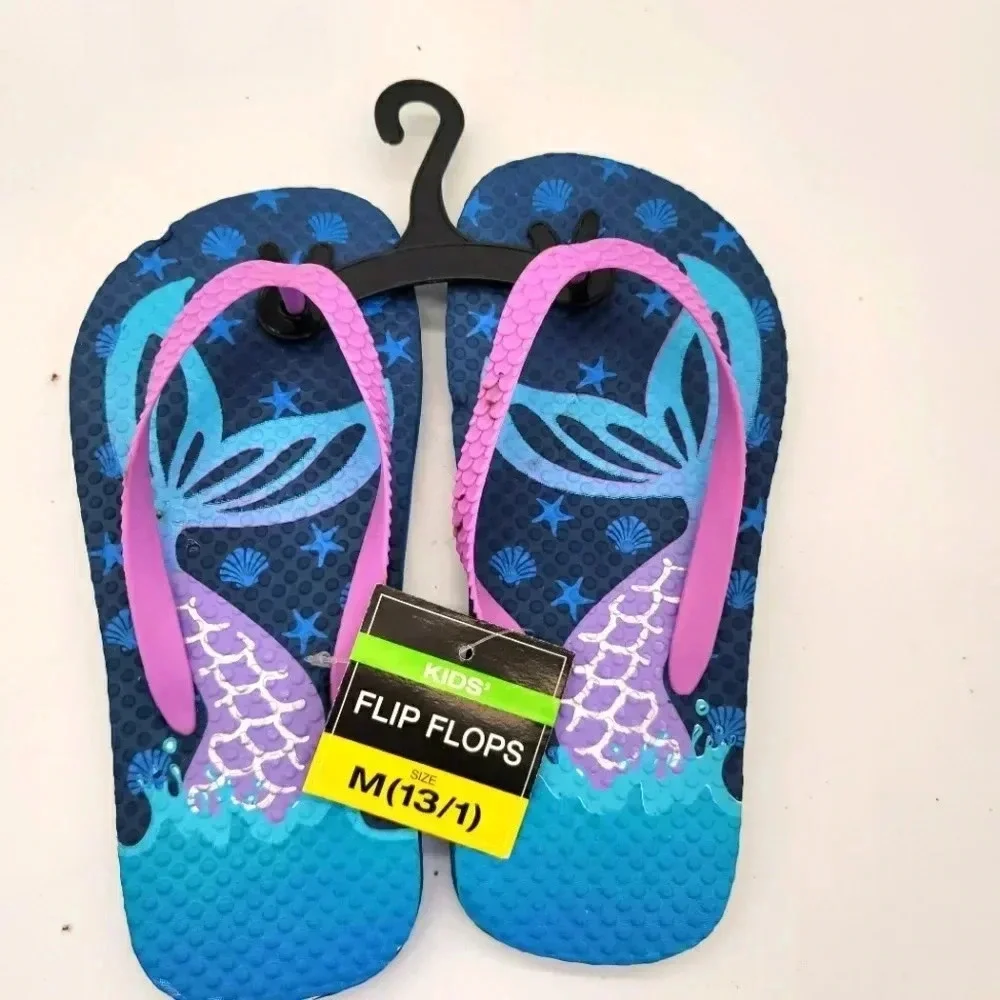NWT Girl's Flip Flops Thong Flip Flop Navy Blue Purple Mermaid M 13/1